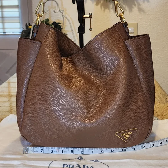 New Prada Vitello Daino BR5009 Brown Leather Side Pocket Hobo Mag Id Card Duster - Picture 4 of 16